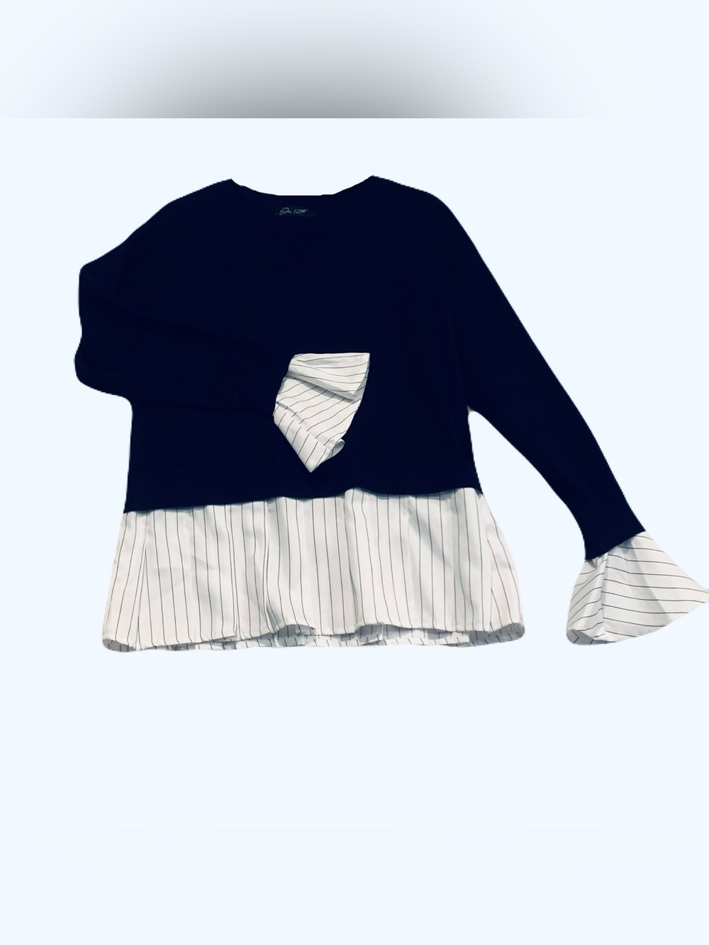 Striped Hem Layered Navy  Long Sleeve Women's Top
